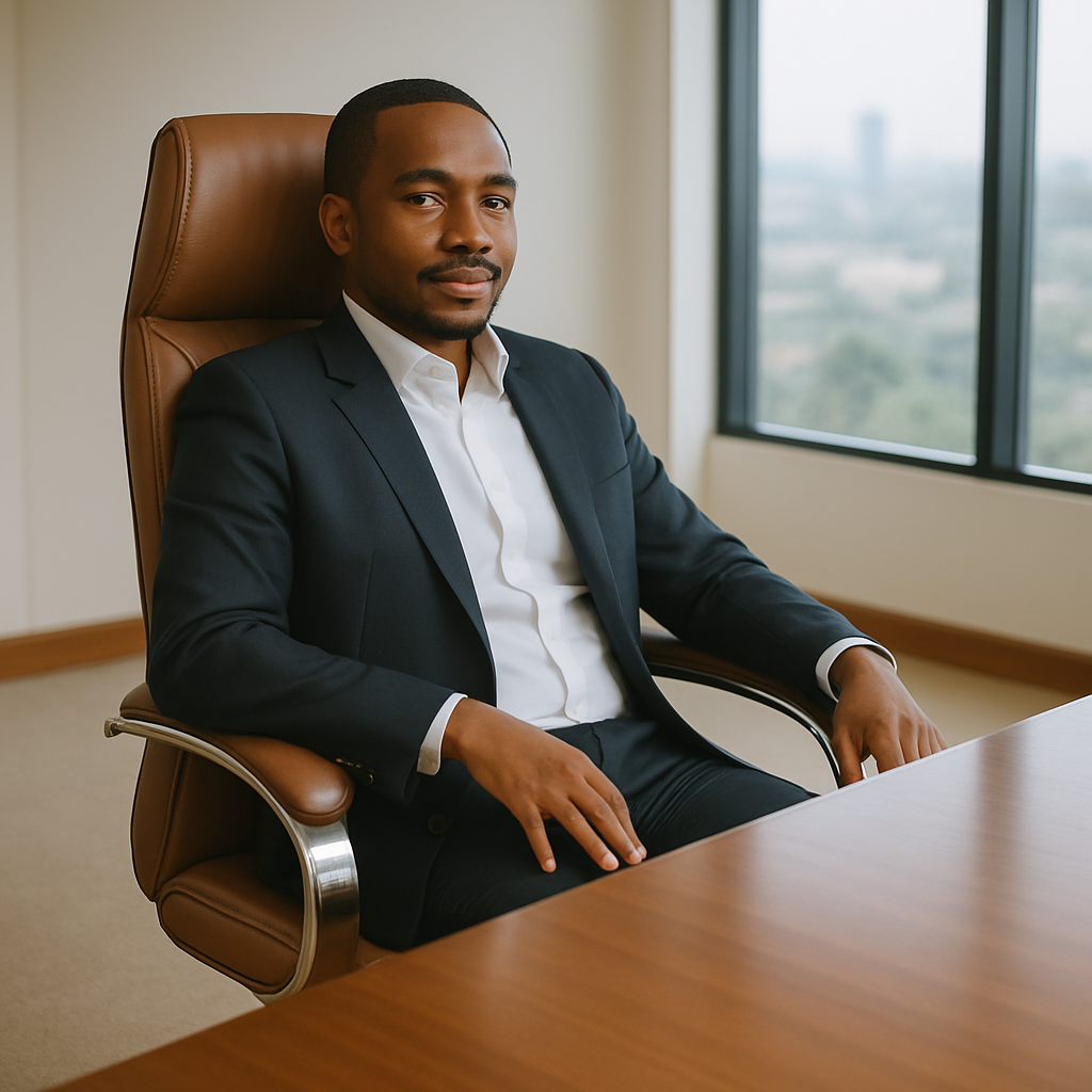 Professional man in a navy suit seated in a brown leather high-back executive office chair at a wooden desk, modern office with large windows in the background.